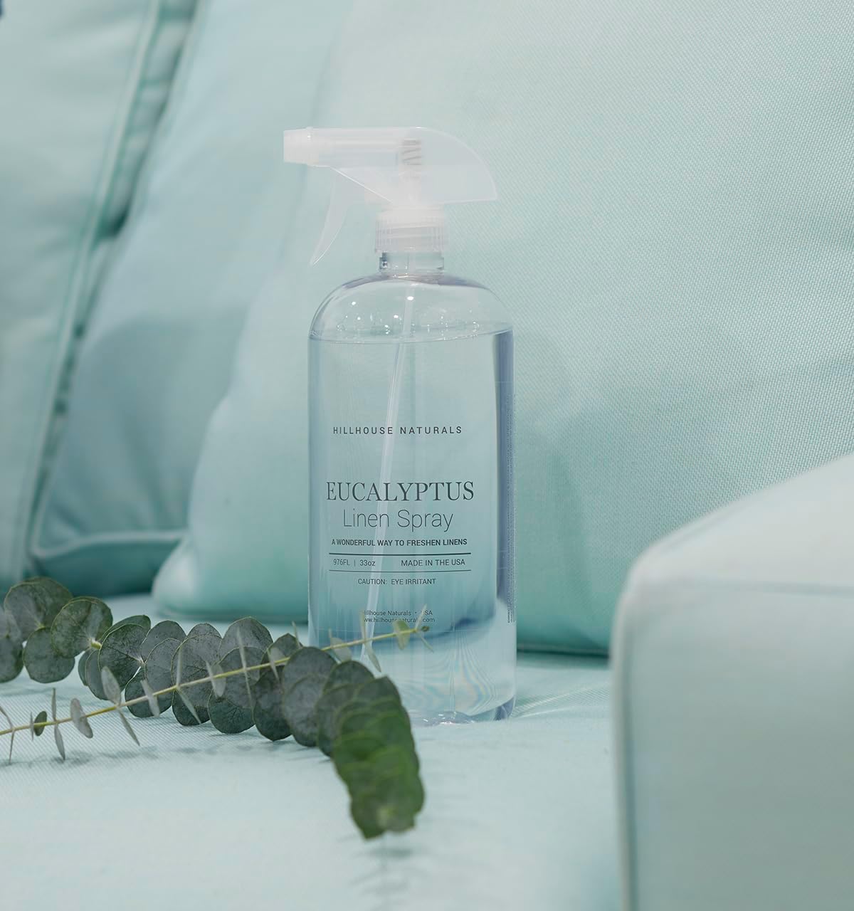 Hillhouse Naturals 1 liter Eucalyptus Linen Mist Aromatherapy Spray for Relaxation and Sleep. With scents of spearmint, eucalyptus, rosemary and our special floral blend. Made in the USA