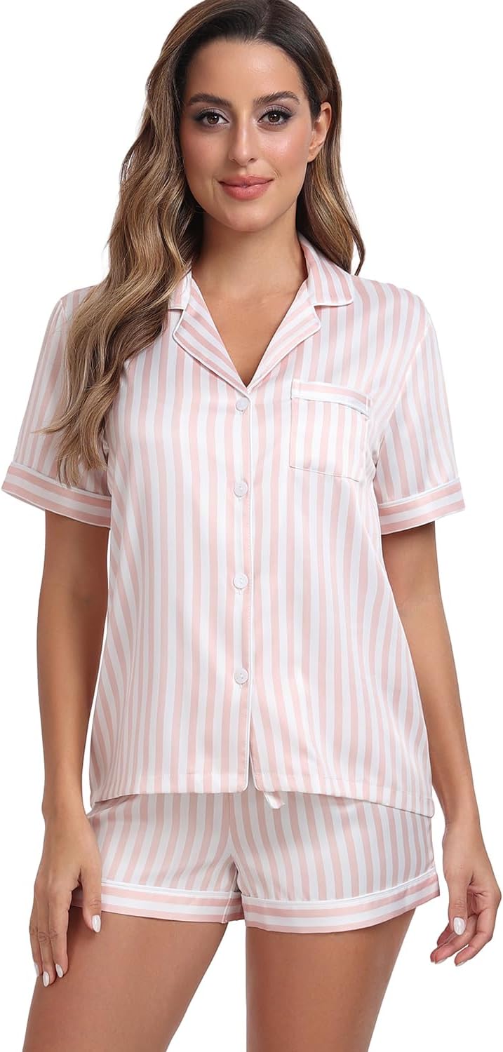 Women's Satin Pajama Set 2-Piece Sleepwear Loungewear Button Down Short Sleeve Silky PJ Set
