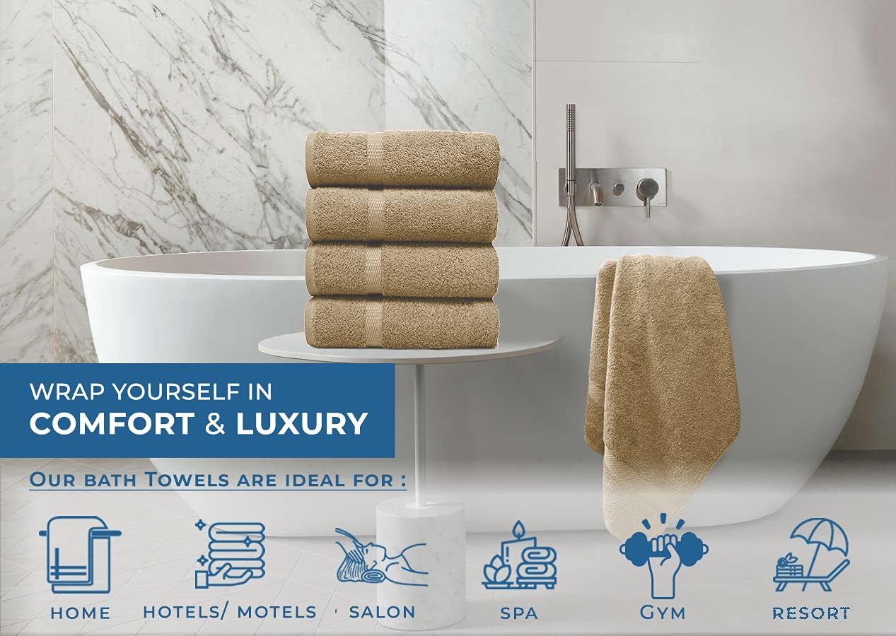 DAN RIVER Bath Towels Set of 4, 27 x 54 Inches, 100% Cotton, Larger & Lighter Weight, Quicker to Dry, Super Soft and Absorbent, Ideal Tan Bath Towels for Daily Use