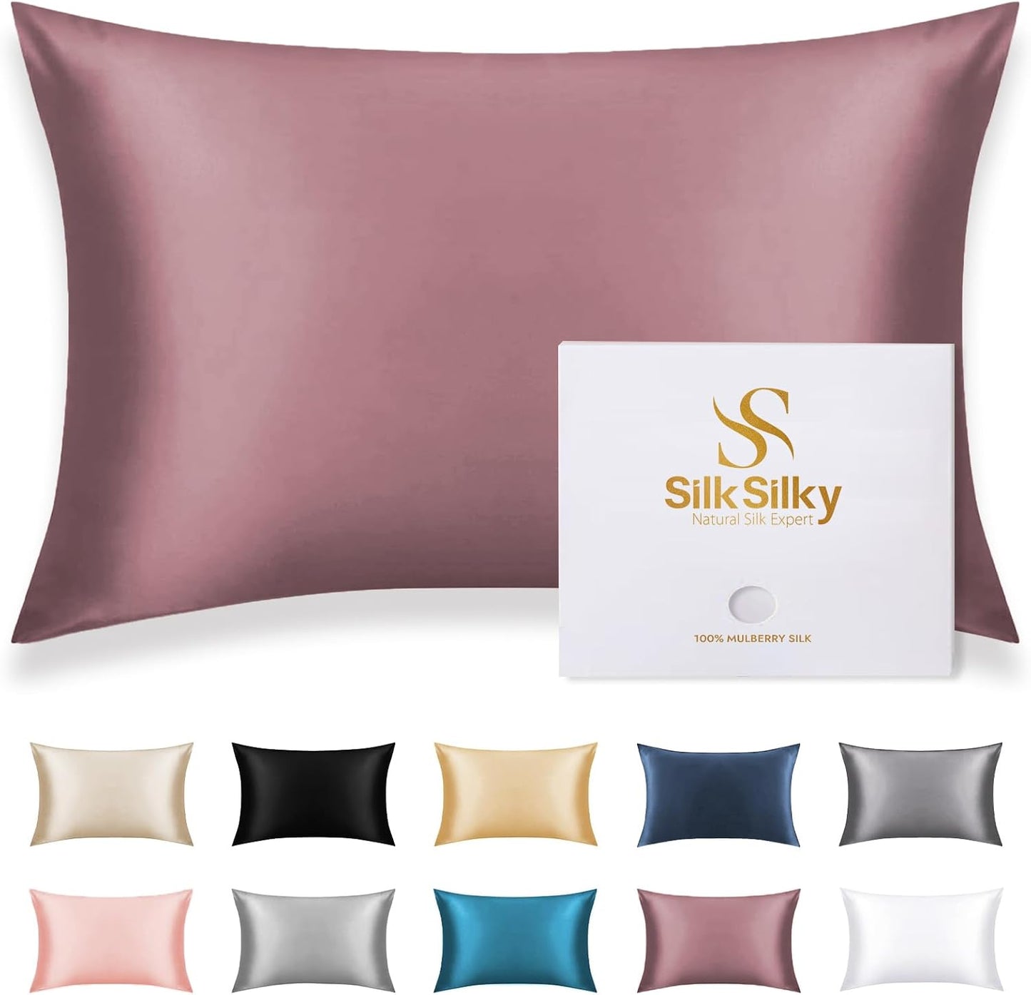 SilkSilky 100% Mulberry Silk Pillowcase - Pure 22 Momme High-Grade 6A Fibers for Hair & Skin, Envelope Closure, Natural, Organic, Breathable & Cooling Pillow Case (King, Pale Mauve)