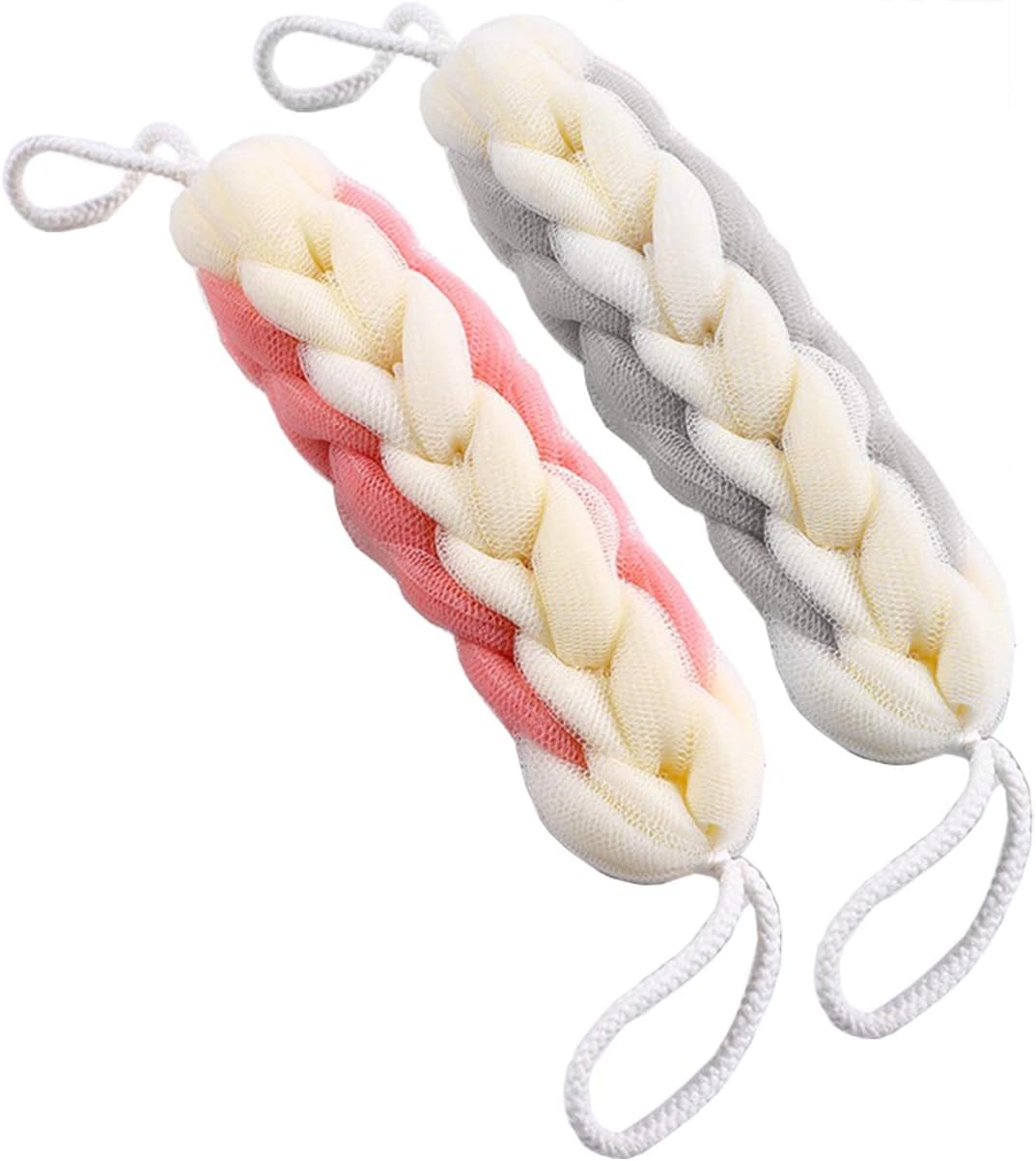 AARAINBOW 2 Packs Upgraded Long Stretch Back Sponge with Rope Handles Back Scrubber Bath Shower Mesh Sponge Exfoliating Body Scrub Stretch Braided Loofah for Men Women Braided Mesh Shower (Gray+Pink)