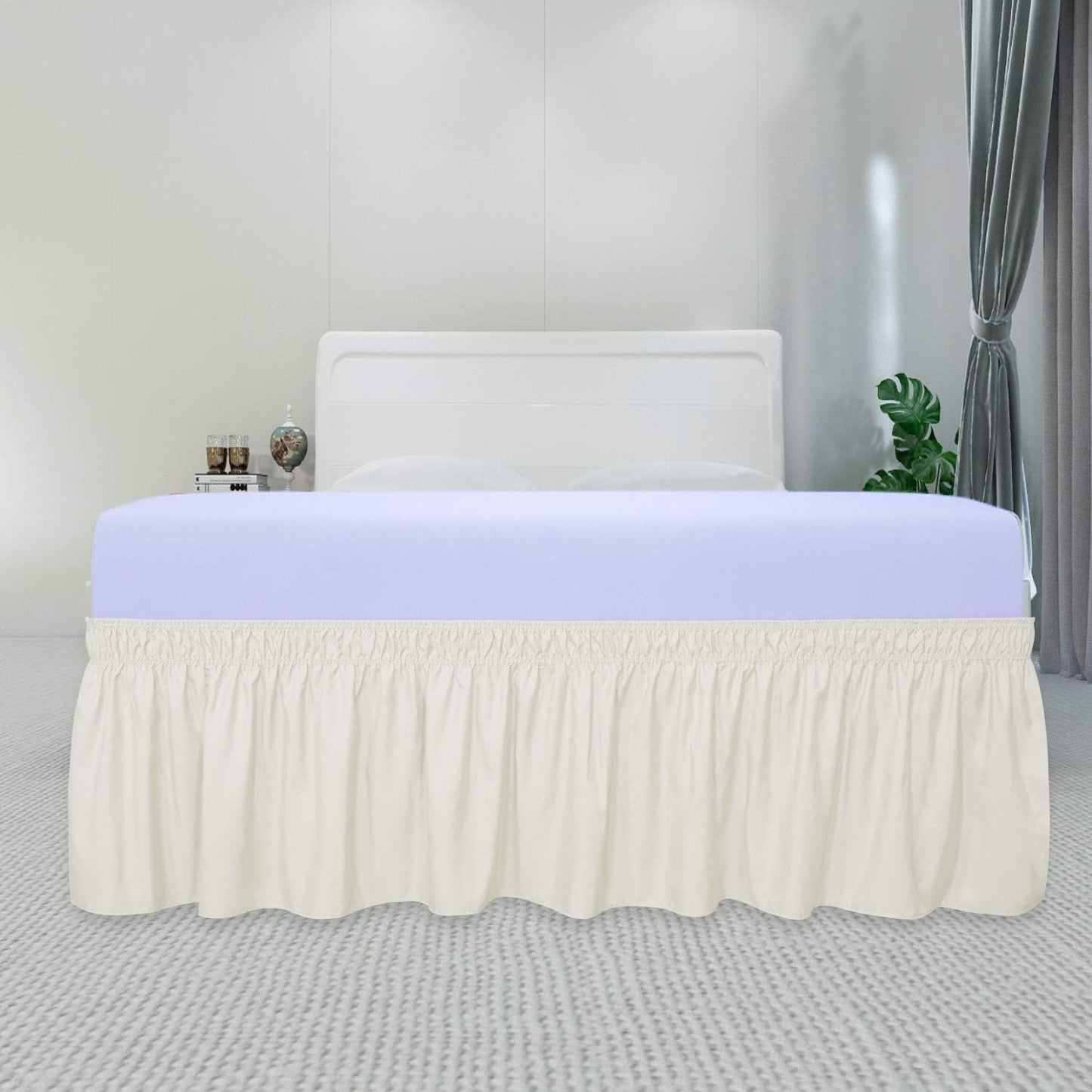 PureFit Wrap Around Ruffled Bed Skirt with Adjustable Elastic Belt - 18 Inch Drop Easy to Put On, Wrinkle Free Bedskirt Dust Ruffles, Bed Frame Cover for Queen, King and C-King Size Beds, Ivory