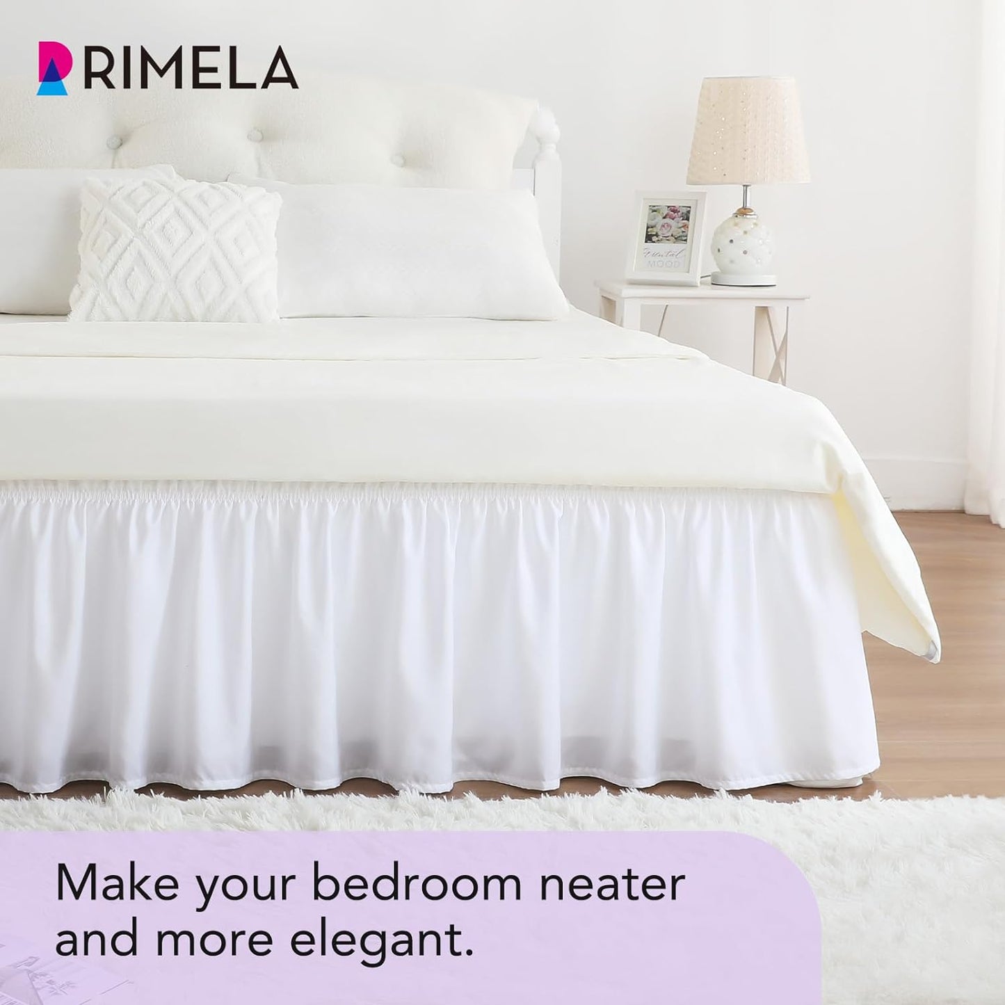 RIMELA White King Size Bed Skirt 12 Inch Drop, Elastic Bed Skirts Cal King Dust Ruffle, White Bedskirt for Adjustable Bed Base Solid Fade Resistant Silky Fabric Machine Washable Easy to Install