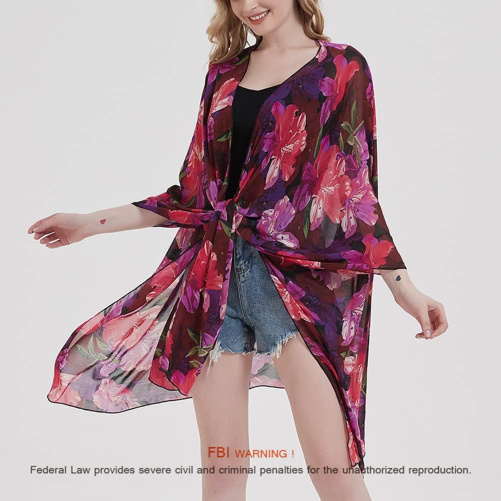Women's Bohemian Floral Chiffon Beach Cover up Swimsuit Kimono Summer Swimwear Cardigans