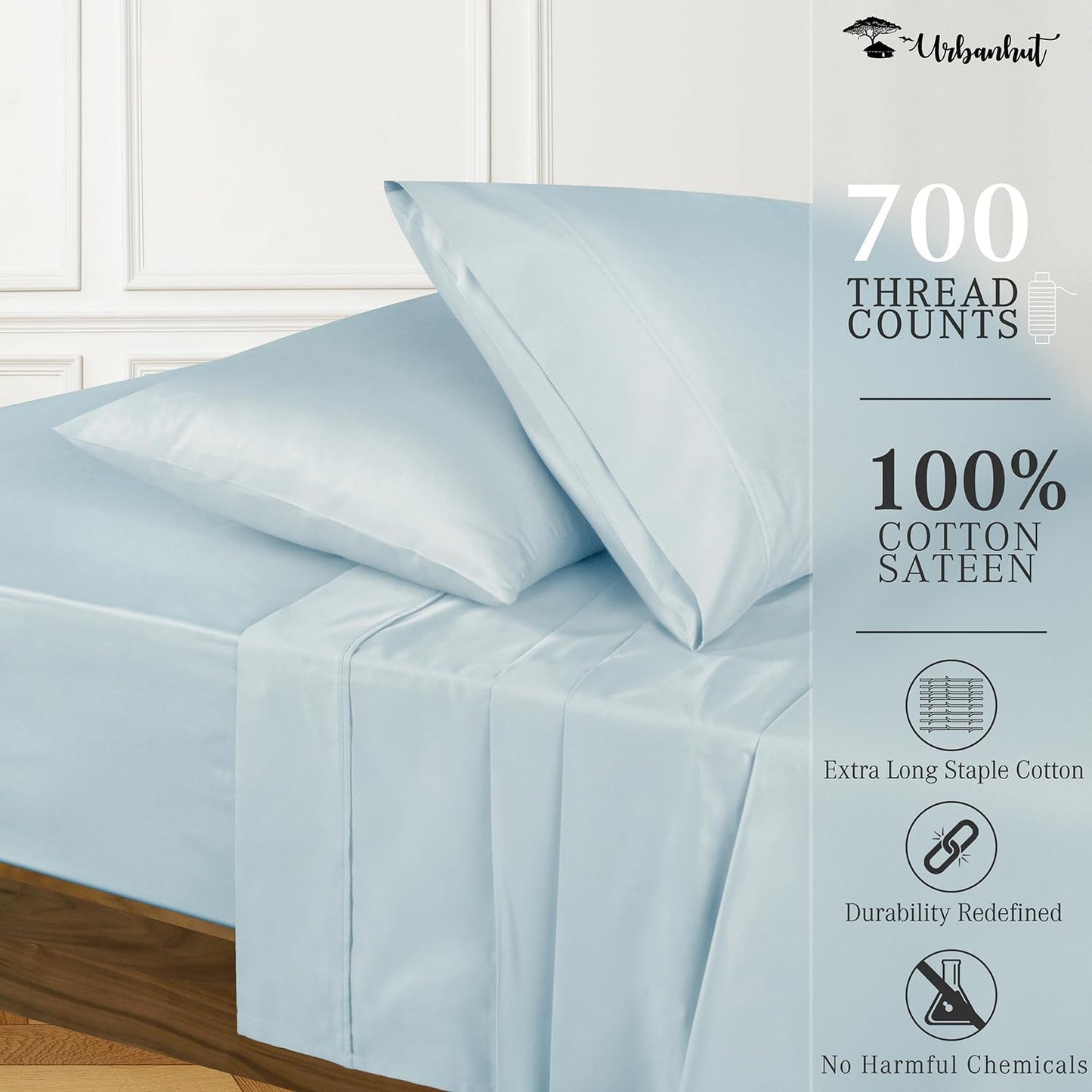 URBANHUT 700 Thread Count California King Size Egyptian Cotton Sheets, 4Pc Sheet Set Soft Luxury Bed Sheets for Cal King Size Bed, Sateen Weave Hotel Sheets, 16'' Elasticized Deep Pocket - Light Blue