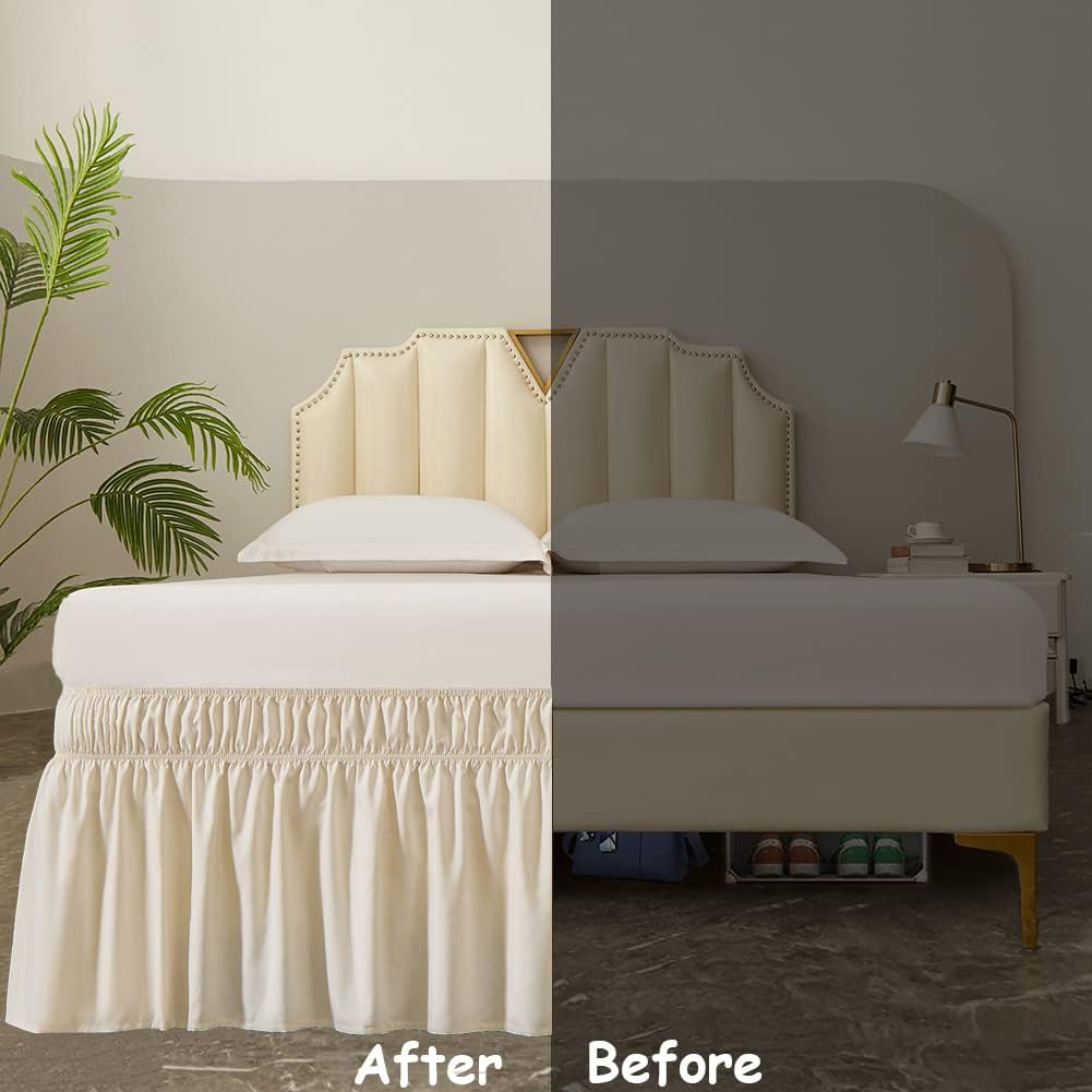 MEILA Wrap Around Bed Skirt Three Fabric Sides Elastic Dust Ruffled 18 Inch Tailored Drop,Easy to Install Fade Resistant-Beige, Twin/Full