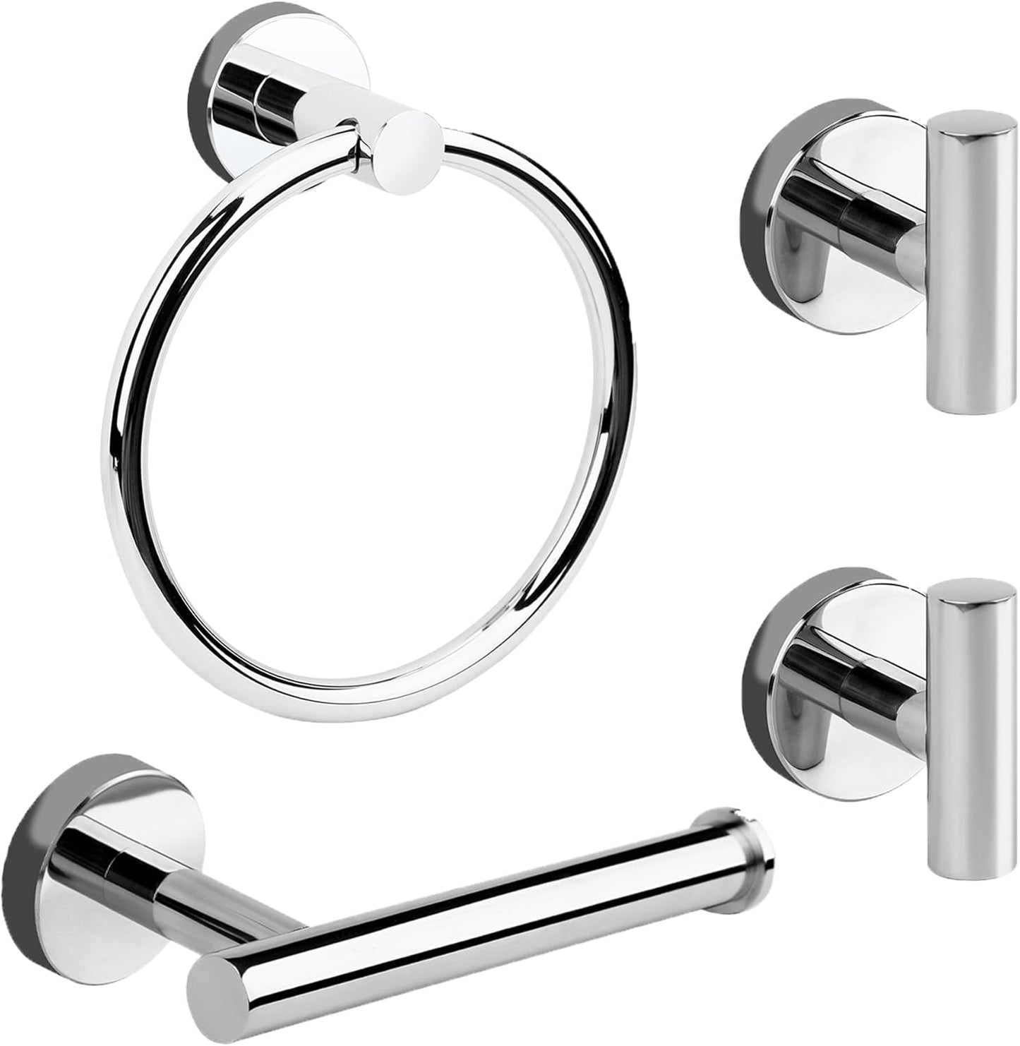 4-Piece Polished Chrome Bathroom Hardware Set - Toilet Paper Holder and Hand Towel Holder, Towel Ring Wall Mounted, Stainless Steel Accessories Set - Silver