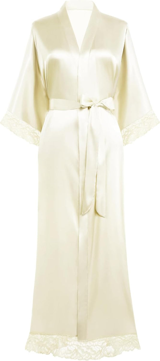 BABEYOND Satin Kimono Robe Silky Long Bridesmaid Wedding Lightweight Bath Robe with Lace Trim