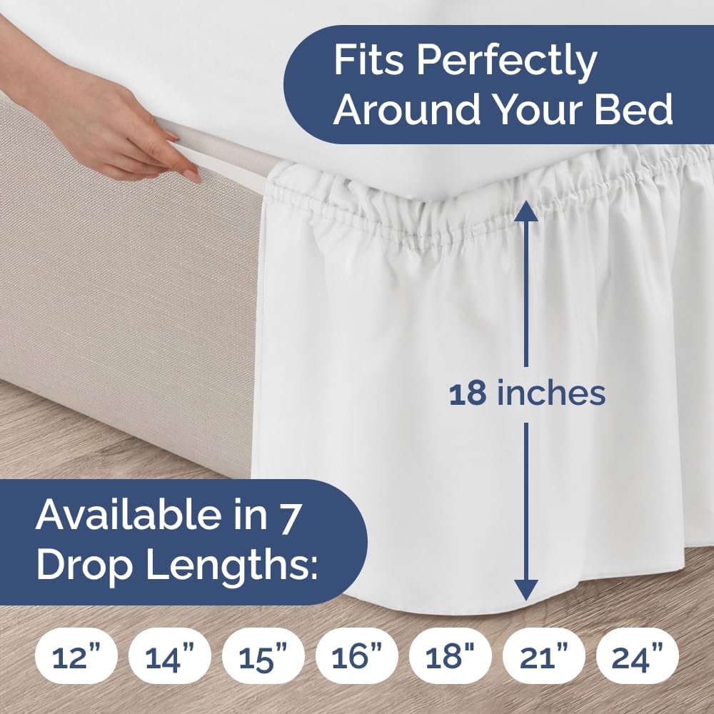 Wrap Around Dust Ruffle Bed Skirt - White - Twin/Twin XL Size Beds with 18 Inch Drop - Easy Fit Elastic Strap - Adjustable Pleated Bedskirt w/Brushed Fabric - Wrinkle Free - Women, Men, Kids & Teens