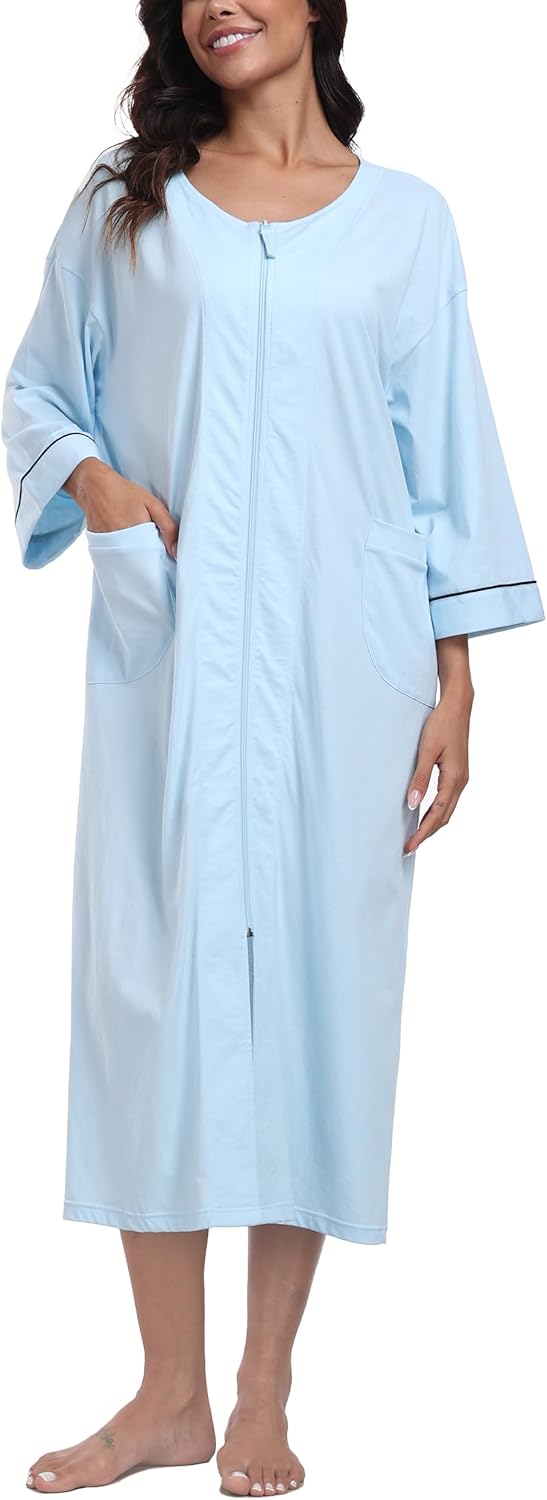 ANLIQI Women's 100% Cotton Robes Long Zipper Front House coats 3/4 Sleeve Bathrobes Lightweight Full Length Robe with Pockets