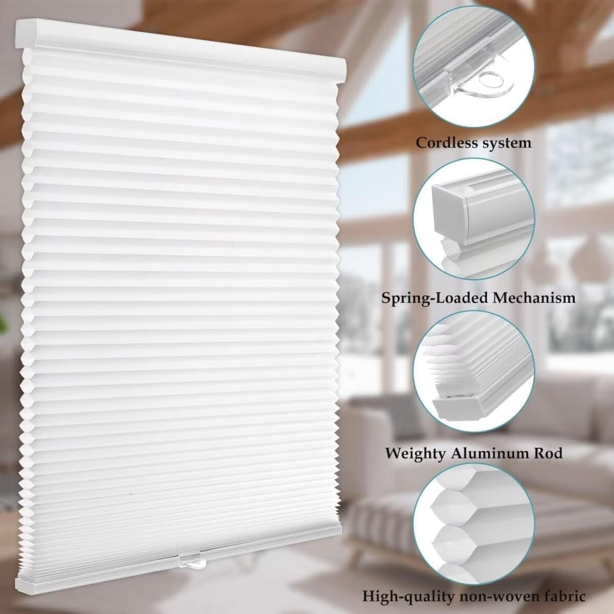 MYshade 1.5-Inch Cellular Cordless Light Filtering Shades,Thermal Insulating Noise Reducing Waterproof Blinds,Honeycomb Window Treatments for Indoor Light Control (White-33 W x 72" H)