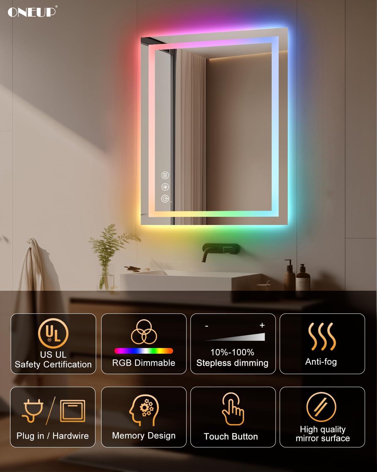 oneup 24x32'' RGB Bathroom Mirror with Lights,RGB Color Changing LED Bathroom Mirror for Wall,Lighted Vanity Mirrors,Dimmable,Anti-Fog,IP54 Waterproof