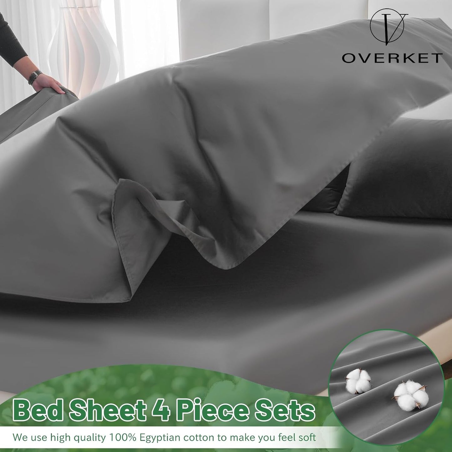 100% Egyptian Cotton Sheets King Size 1000 Thread Count Sateen Weave Soft Breathable 16-Inch Deep Pocket 4PCS（King,Dark Grey）