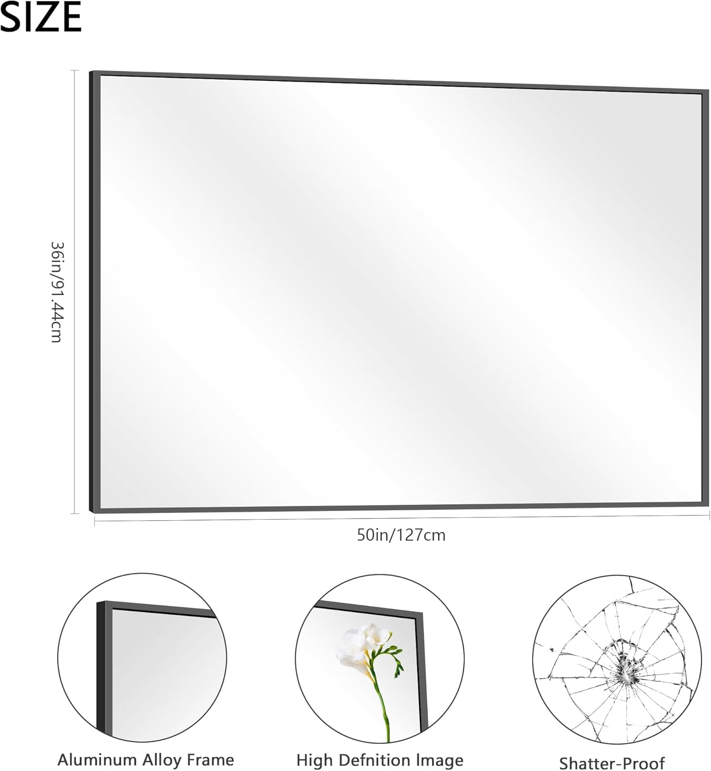 36x50inch Bathroom Mirror, Black Rectangle Mirrors with Thin Metal Frame, Large Rectangular Wall Mirror for Bathroom, Living Roomm, Hair Salon, Big Farmehouse Mirror Hang Horizontal/Vertical