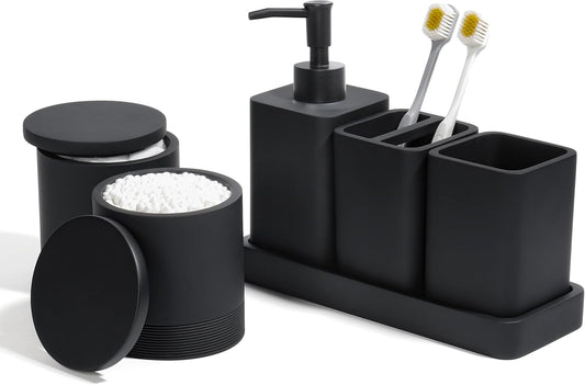 Bathroom Accessories Set, 6 Piece Bathroom Set with Toothbrush Holders, Soap Dispenser, Vanity Tray, Tumbler, Cotton Swab Jars, Bathroom Organizer，Bathroom Sink Sets, Matte Black