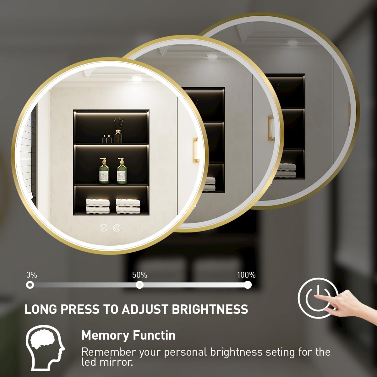 28" Round LED Bathroom Mirror, Dimmable Anti-Fog Vanity Mirror with Touch Control, 6000K Natural Light, Gold Metal Frame, Wall Mounted for Makeup Shaving (IP54, 90+ CRI)