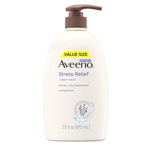 Aveeno Stress Relief Body Wash for Women, Calming Lavender Scent & Prebiotic Oat, Cleanser for Sensitive Dry Skin, Paraben, Dye & Soap-Free, 33 Fl Oz