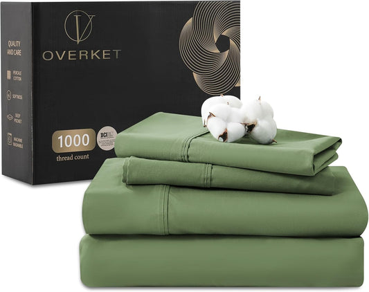 1000 Thread Count Egyptian Cotton Sheets Queen Size Set Sateen Weave Soft Breathable 16-Inch Deep Pocket 4PCS（Queen,Olive Green）