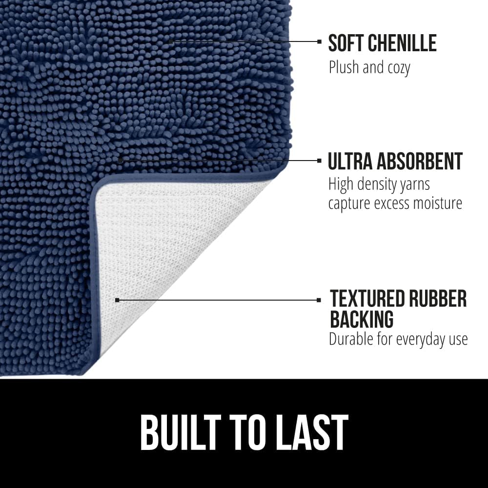 GORILLA GRIP Bath Rug Mat, Thick Soft Absorbent Chenille, Quick Dry Microfiber Mats, Rubber Backing Washable Shower Floor Rugs, Bathmat Runner, US Designed Bathroom Home Decor Accessories 24x17, Navy