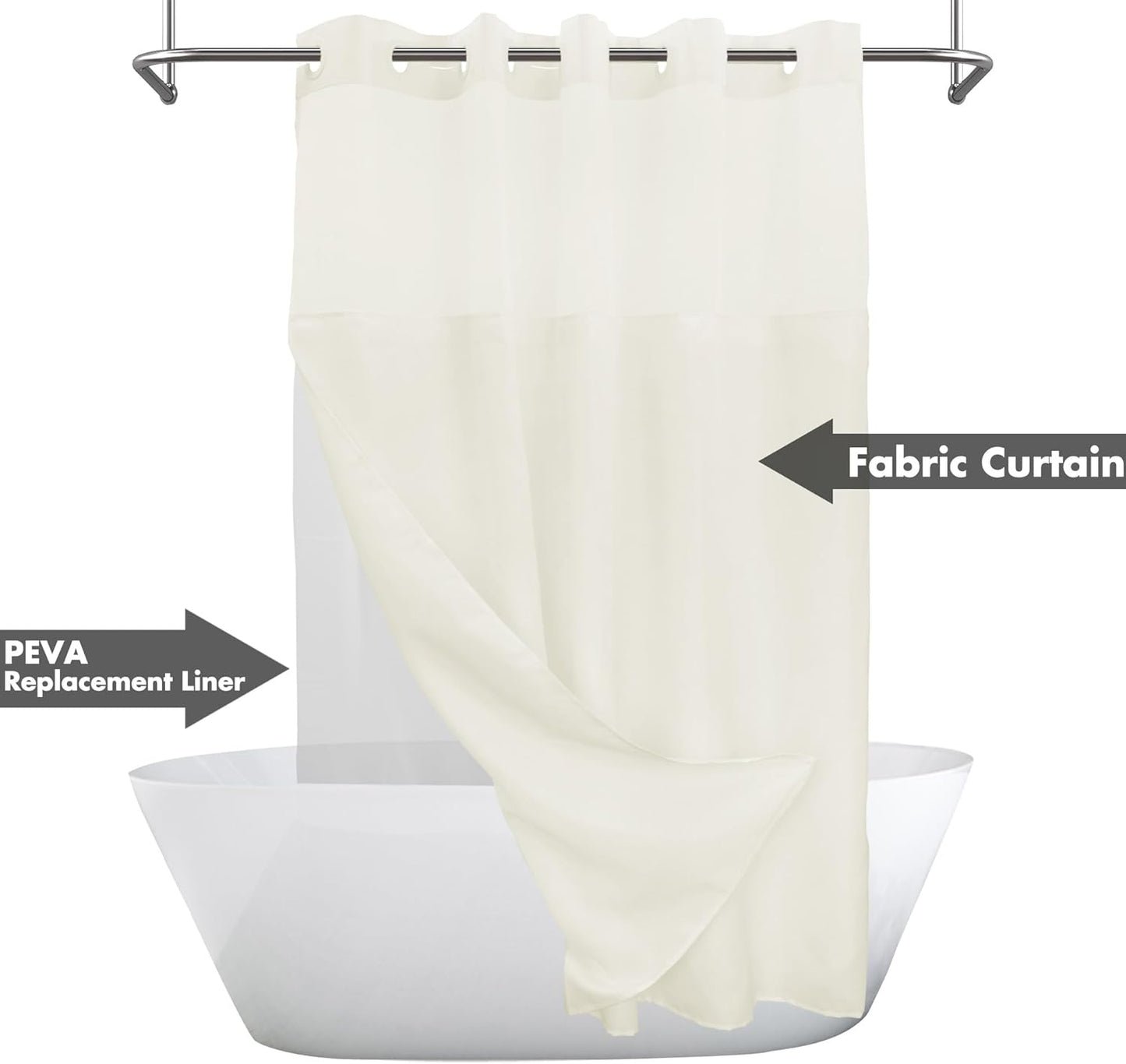 Long No Hook Slub Textured Shower Curtain with Snap-in PEVA Liner Set - 71" x 80"(78"), Hotel Style with See Through Top Window, Cream Fabric Curtain & Waterproof Liner, Sand,W71xH78