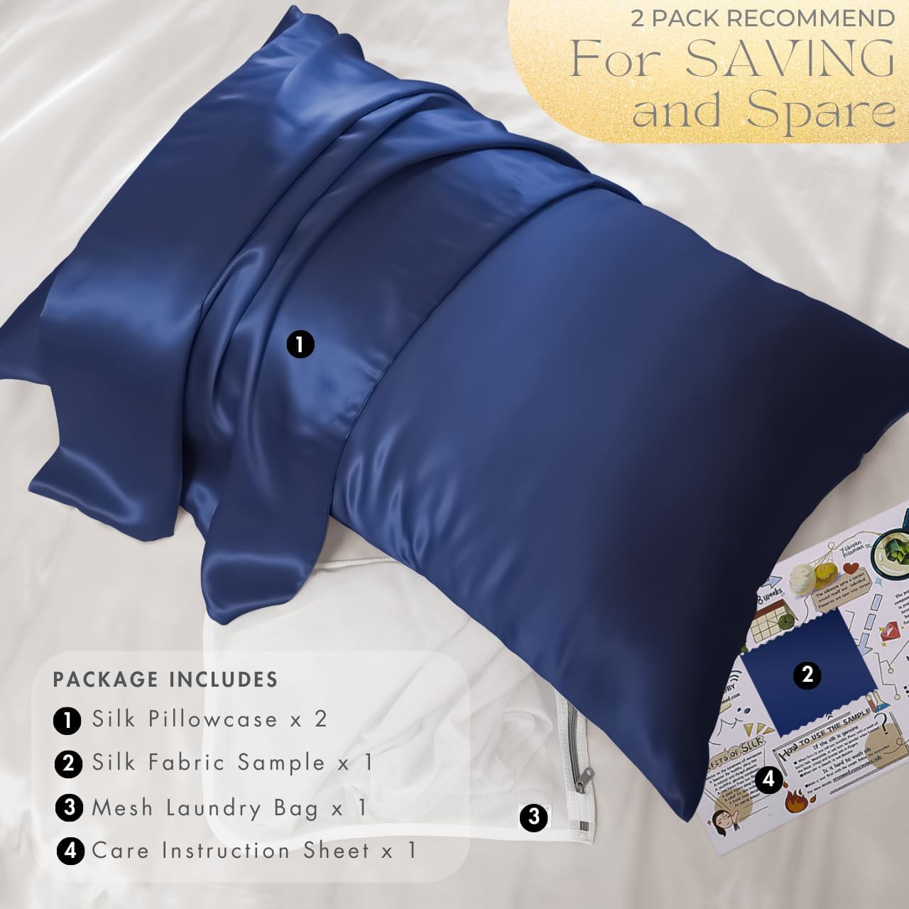 PROMEED 23 Momme Silk Pillowcase 2 Pack with Zipper, 3rd Gen Grade 6A+ 100% Mulberry Silk Pillow Case Set of 2, Cooling Pillow Cases for Hot Sleepers (Standard 20"x26", Navy)