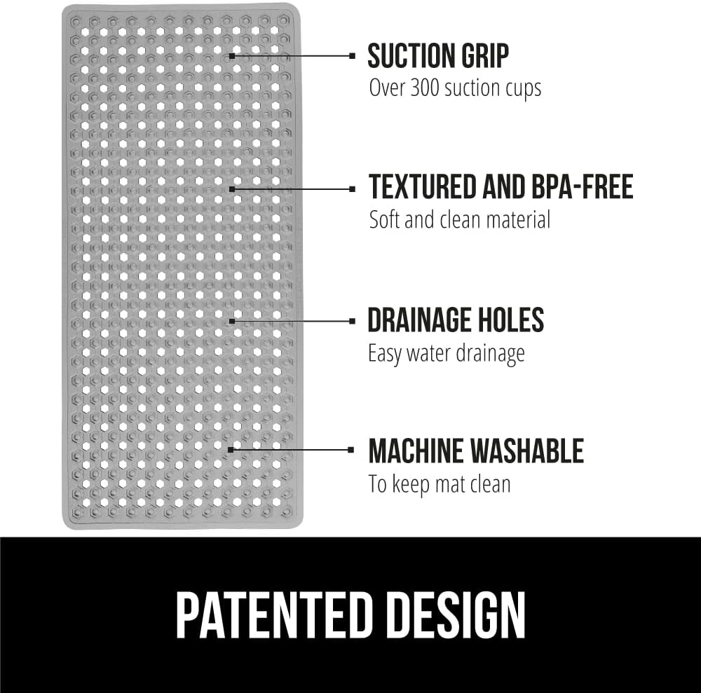 GORILLA GRIP Patented Bath Tub Shower Mat, Machine Washable Bathtub Floor Liner Mats, Suction Cups and Drain Holes to Keep Tubs Clean, Soft on Feet, Bathroom Essentials, 35x16 Inch, Gray Opaque