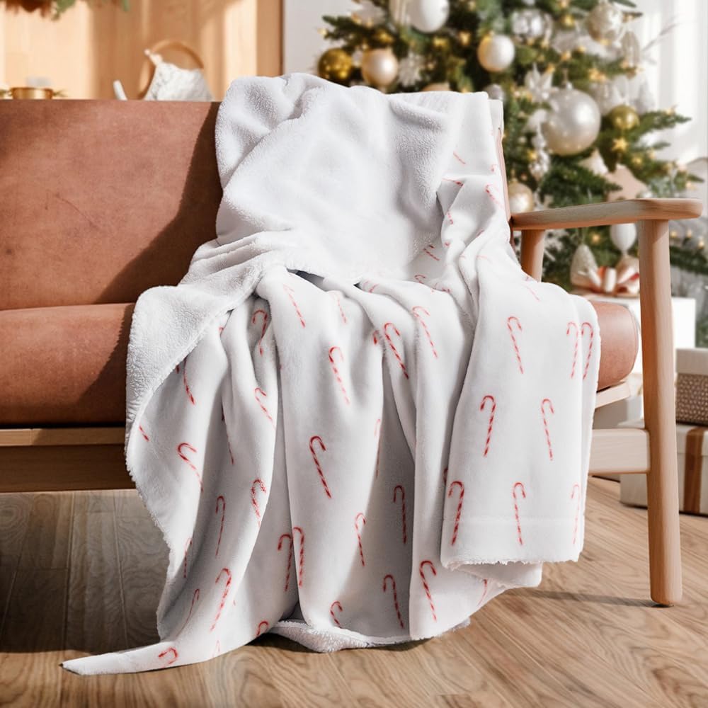 Christmas Sherpa Blanket Throw Size - Reversible Sherpa Fleece Blanket - Super Soft Double Sided Throw for Bed, Sofa, Couch - Thick, Warm, Soft & Plush - Cozy Xmas Winter Bedding - Candy Cane, 50x60