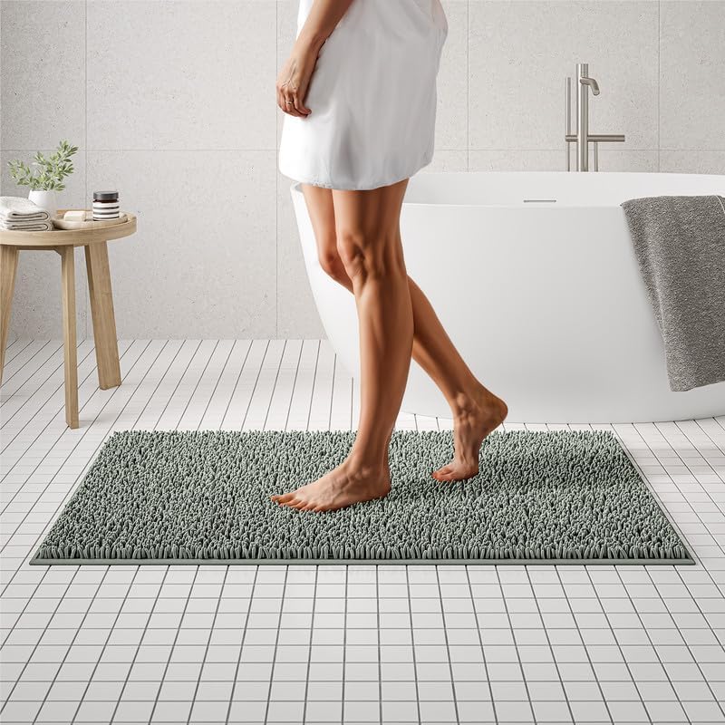 MAYSHINE Plush Shaggy Chenille Bath Mat | Extra Soft, Super Absorbent, Non-Slip Bathroom Rug | Fluffy Microfiber, Area Rug Sets for Bathroom Floor, Kitchen, Living Room | 47"x27" | Sage Green