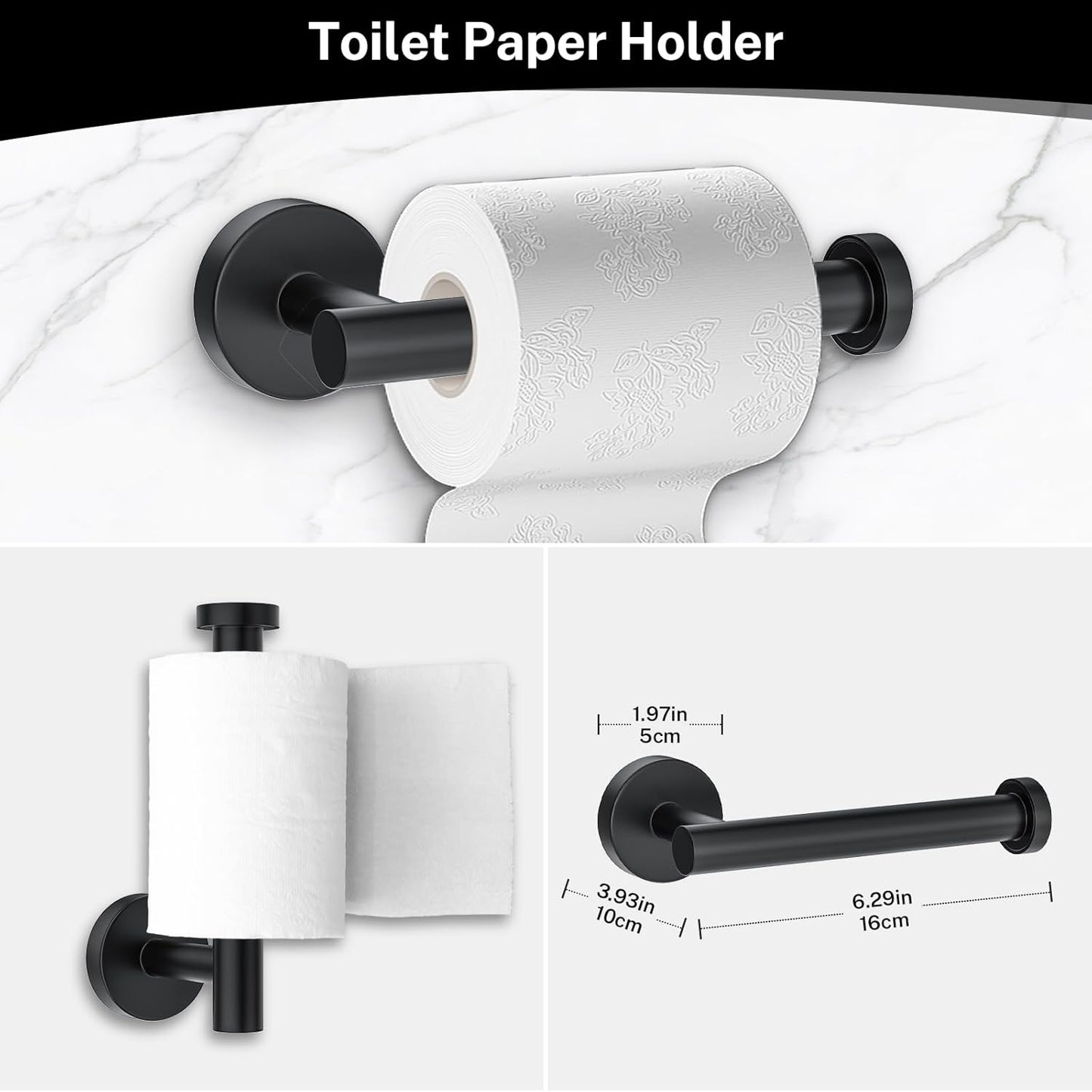 4-Piece Matte Black Bathroom Hardware Accessories Set,Black Towel Ring Set Toilet Paper Holder,Robe Hooks,Stainless Steel Wall Mounted Rustproof Modern Bathroom Set