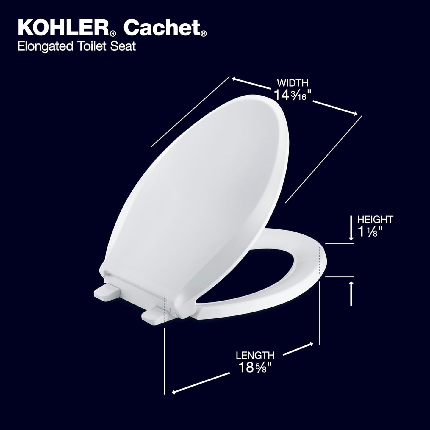 KOHLER K-4636-7 Cachet Elongated, Grip-Tight Bumpers, Quiet-Close Release Hinges, Quick-Attach Hardware, No Slam Toilet Seat, Black