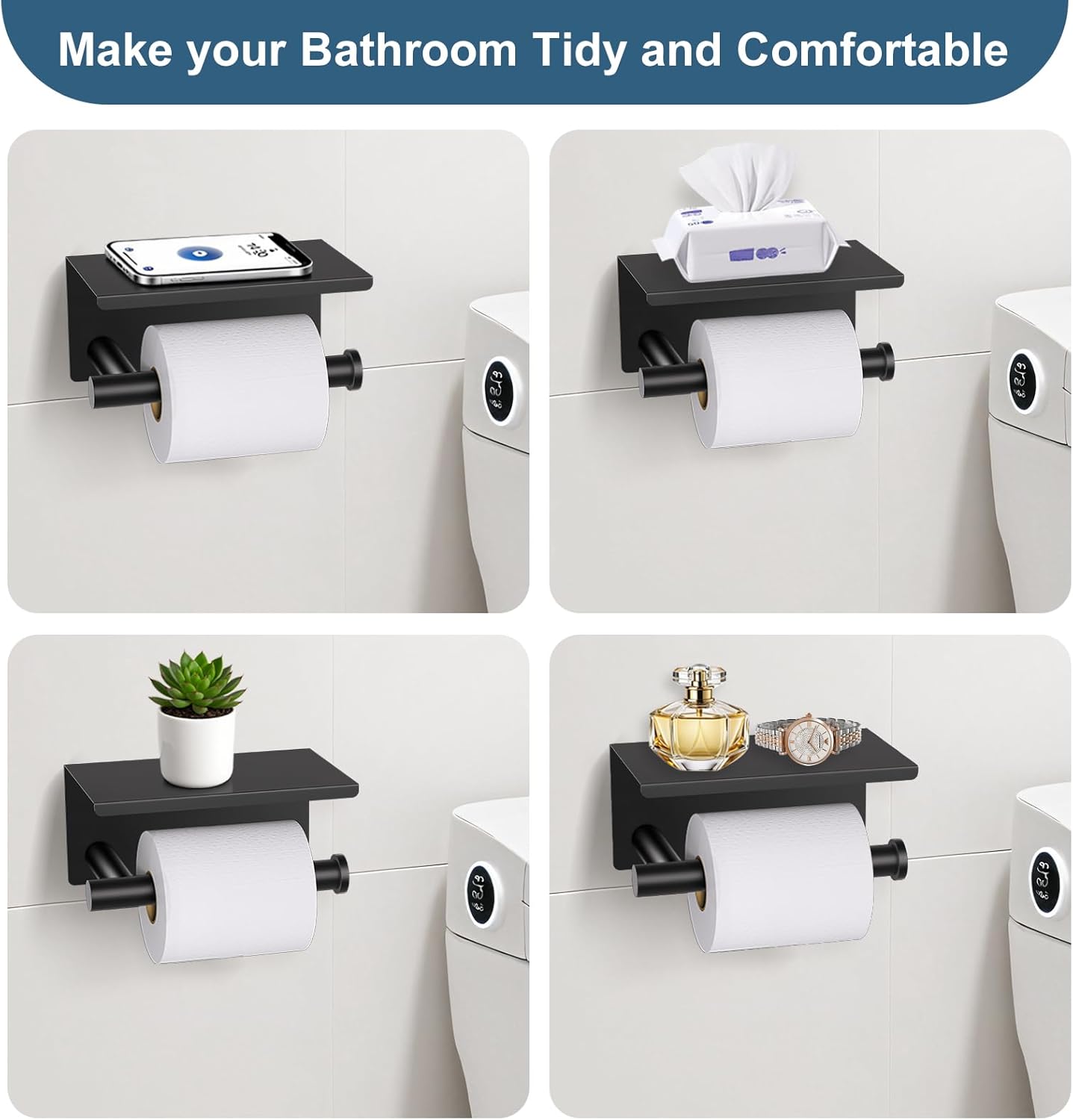 Matte Black Bathroom Hardware Set, 5 Pieces Black Towel Bar Bathroom Accessories Set, Upgraded Toilet Paper Holder with Shelf, 23.6 Inch Towel Rack Towel Holder for Bathroom Wall