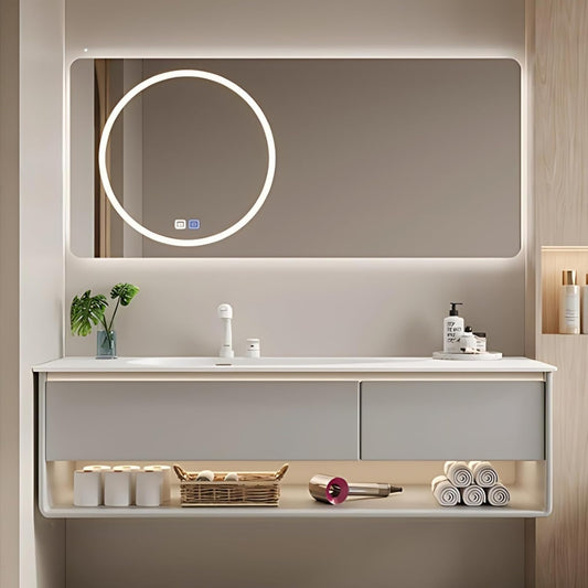 64IN Grey Bathroom Vanity Set - Floating Bathroom Vanity with Single Sink | Including LED Smart Defogging Mirror Cabinet & Time Display Function, Equipped with Motion Sensing Light Strip (Style B)