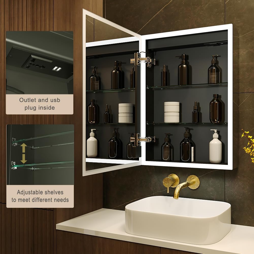 KWW LED Lighted Bathroom Medicine Cabinet with Sockets & USBs, Dimmable, 3 Color Light Makeup Mirror, Easy to Install, Wall Mounted Cabinet (Left Hinge, 19.5 * 28)