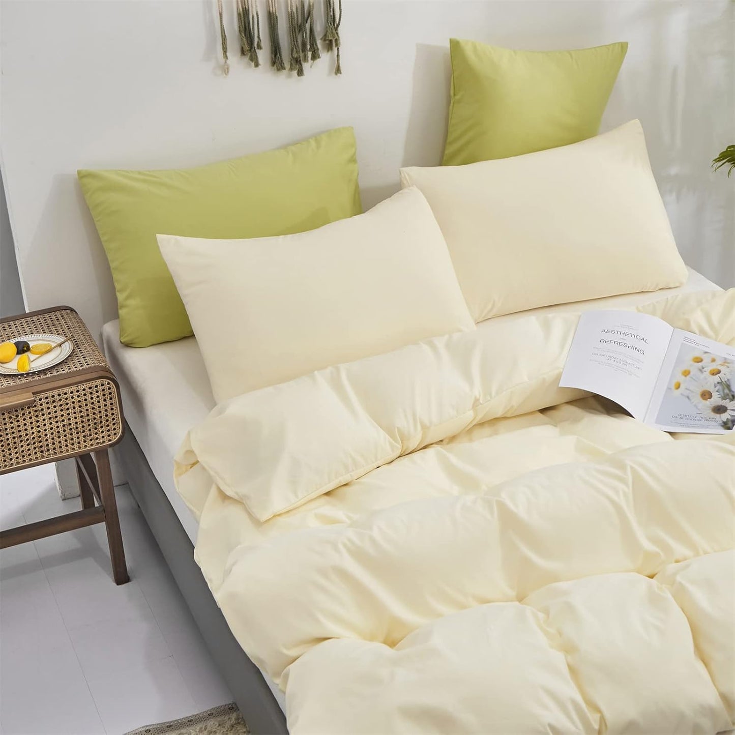 KAREVER Light Yellow Comforter Set Queen Off White Bedding Set Men Beige Breathable Ivory Bedding Set Women Soft Off White Queen Ivory Bedding Comforter Set Queen