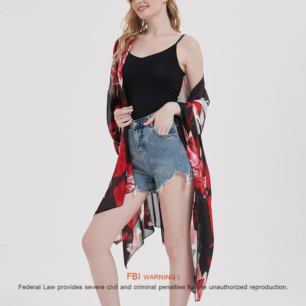 Women's Bohemian Floral Chiffon Beach Cover up Swimsuit Kimono Summer Swimwear Cardigans
