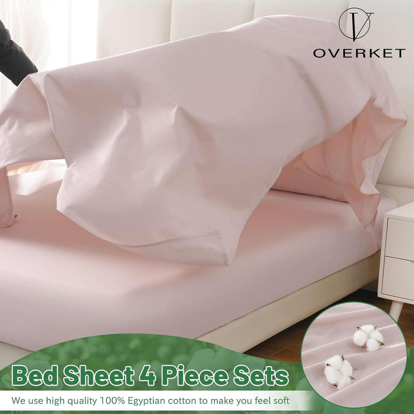 100% Egyptian Cotton Sheets Cal King Sheet Set 1000 Thread Count Sateen Weave Soft Breathable 16-Inch Deep Pocket 4PCS（California King,Light Pink）