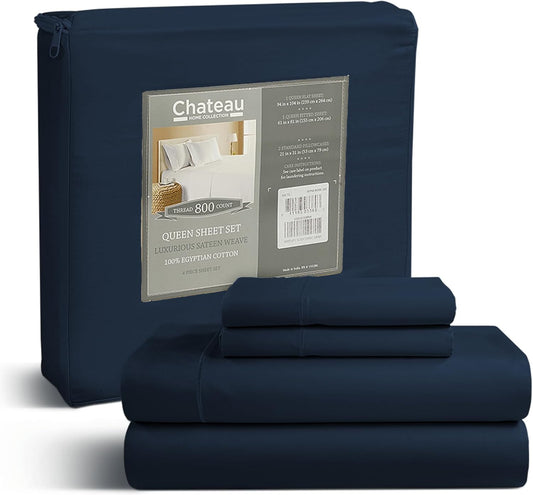 100% Egyptian Cotton Sheets For King Size Bed, 800 Thread Count Deep Pocket King Sheet Set, Elasticated Sheet & Pillowcase Sets, No Pill & Shrink, Soft & Comfy Naturally Cool & Breathable- Dark Denim