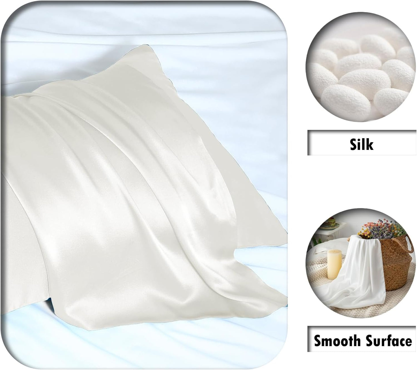 Silk Pillow Cases 2 Pack Soft Breathable and Sliky King Size Pillow Cases Set of 2,Natural Mulberry Satin Silk Pillowcase with Hidden Zipper for Hair and Skin (Ivory,20"X 36",2pcs)