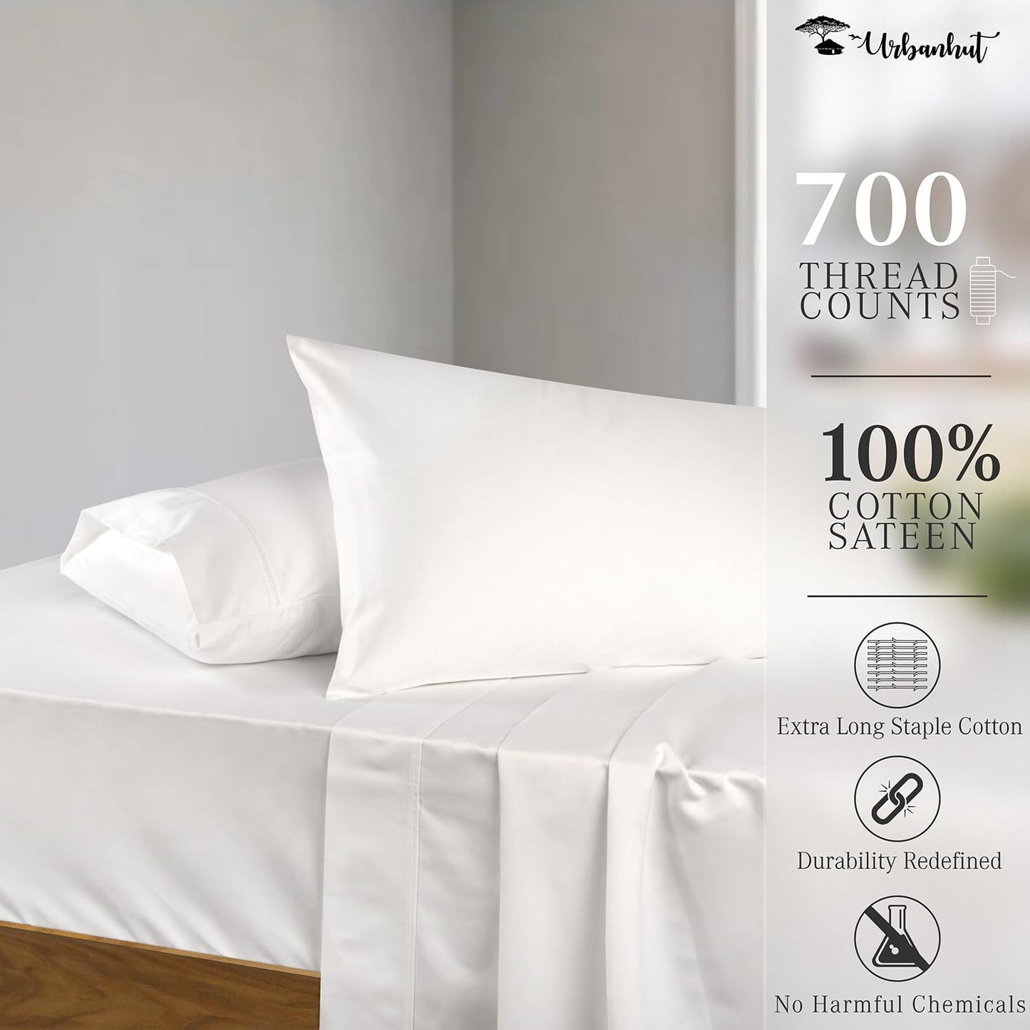 URBANHUT 700 Thread Count Egyptian Cotton Sheets Queen Size, 4Pc Sheet Set Soft Luxury Bed Sheets for Queen Size Bed, Sateen Weave Hotel Sheets, 16'' Elasticized Deep Pocket - White