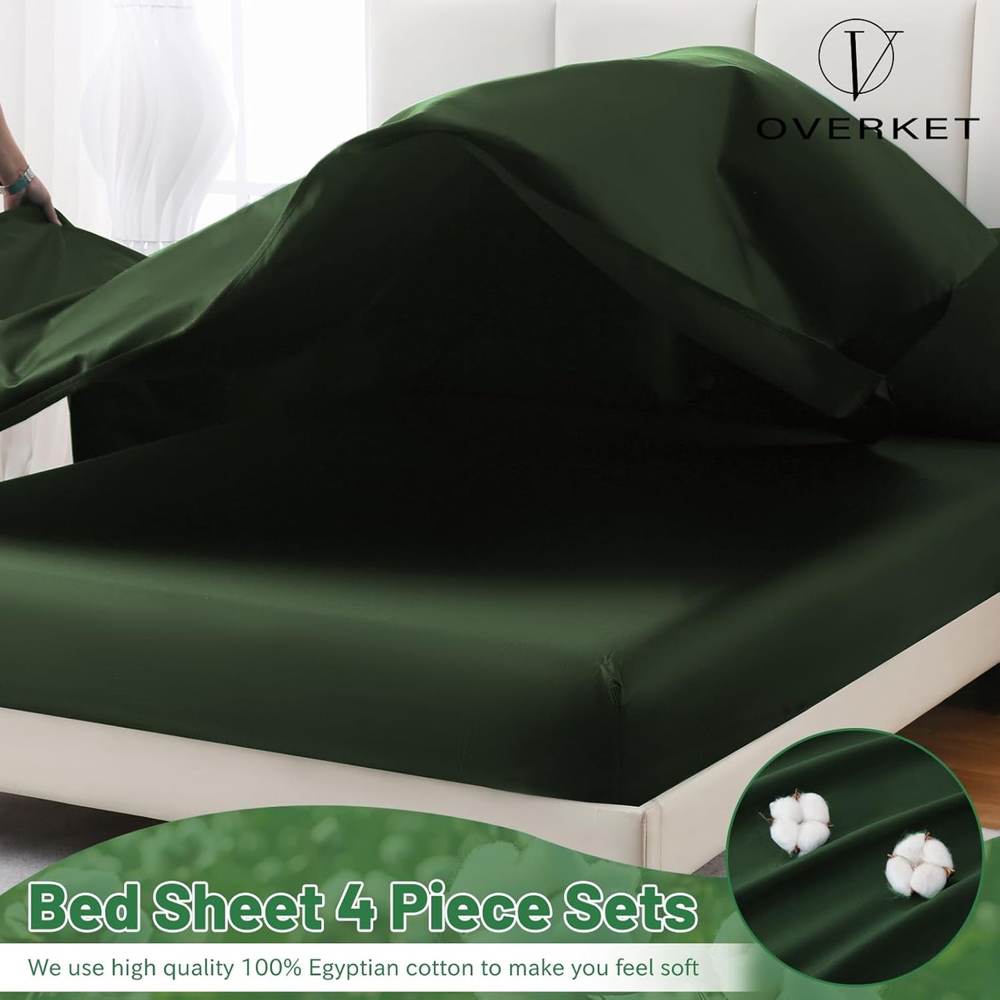 100% Egyptian Cotton Sheets King Size 1000 Thread Count Sateen Weave Soft Breathable 16-Inch Deep Pocket 4PCS（King,Forest Green）