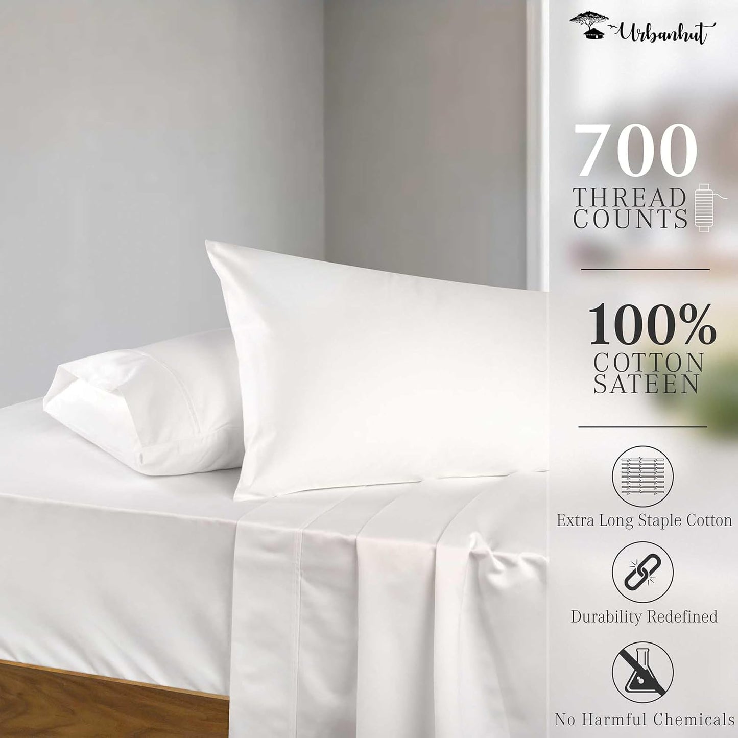 URBANHUT 700 Thread Count Egyptian Cotton Sheets Twin Size, 4Pc Sheet Set Soft Luxury Bed Sheets for Twin Size Bed, Sateen Weave Hotel Sheets, 16'' Elasticized Deep Pocket - White