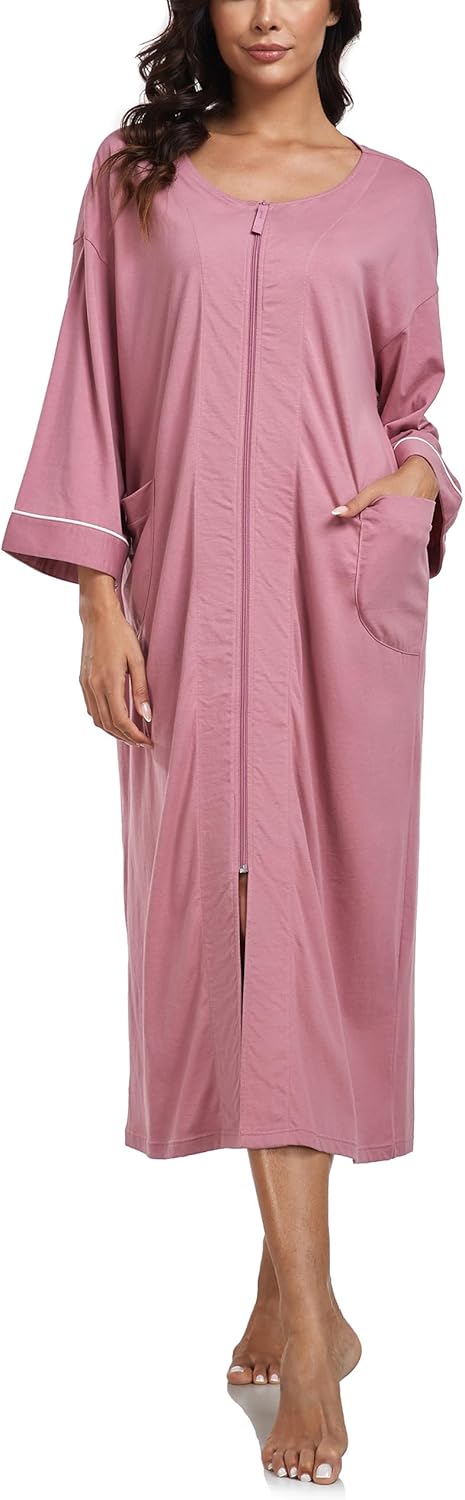 ANLIQI Women's 100% Cotton Robes Long Zipper Front House coats 3/4 Sleeve Bathrobes Lightweight Full Length Robe with Pockets