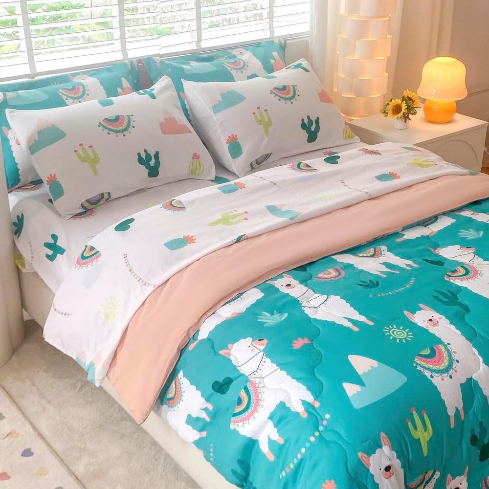 Wajade Kids Cute Llama Comforter Set Bed in A Bag Full Size 7 Piece Green Alpaca Tropical Plant Bedding Set for Girls Boys (1 Comforter, 1 Flat Sheet, 1 Fitted Sheet, 2 Pillowcase and 2 Pillow Sham)