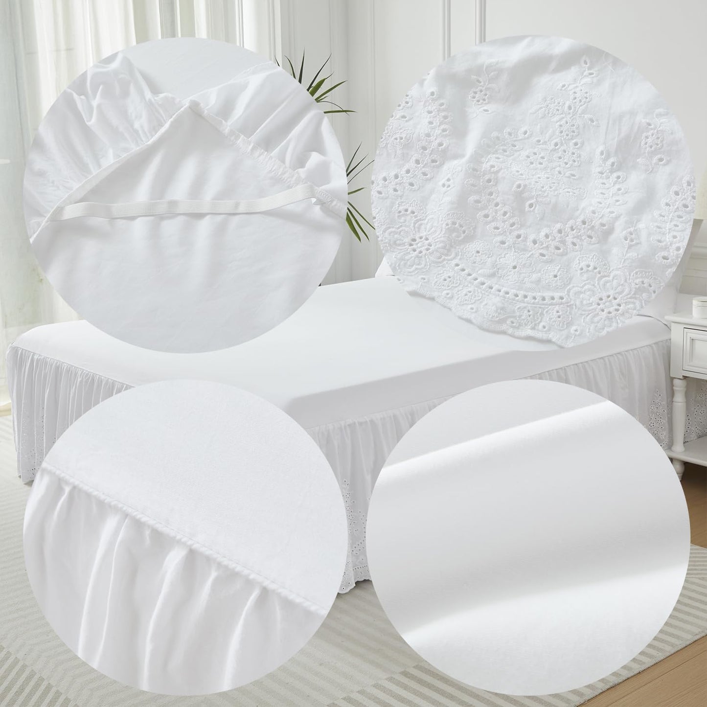 Brandream White Eyelet Bed Skirt Queen Size 100% Cotton Ruffled Dust Ruffle Bed Skirt 18 Inch Drop with Embroidered Floral Design Queen Size Beds