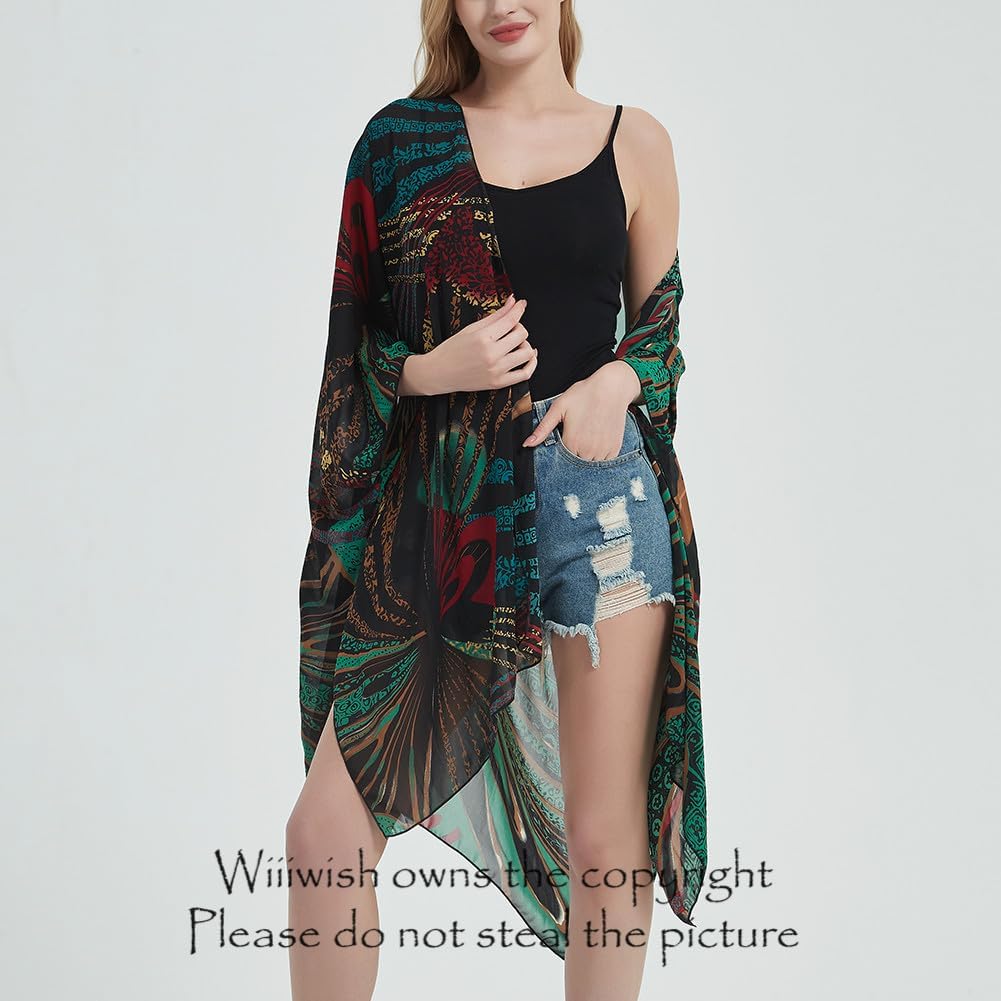 Women's Bohemian Floral Chiffon Beach Cover up Swimsuit Kimono Summer Swimwear Cardigans