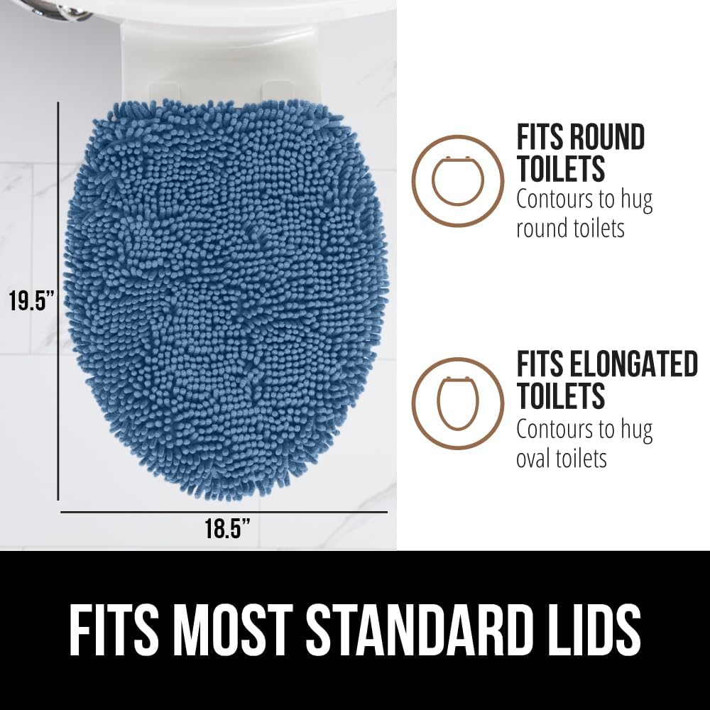 GORILLA GRIP Soft Chenille Bathroom Toilet Lid Cover, Machine Washable Seat Covers, 19.5x18.5, Stays in Place Rubber Backing, Fits Most Round, Elongated and Oblong Lids, Accessories Decor, Blue