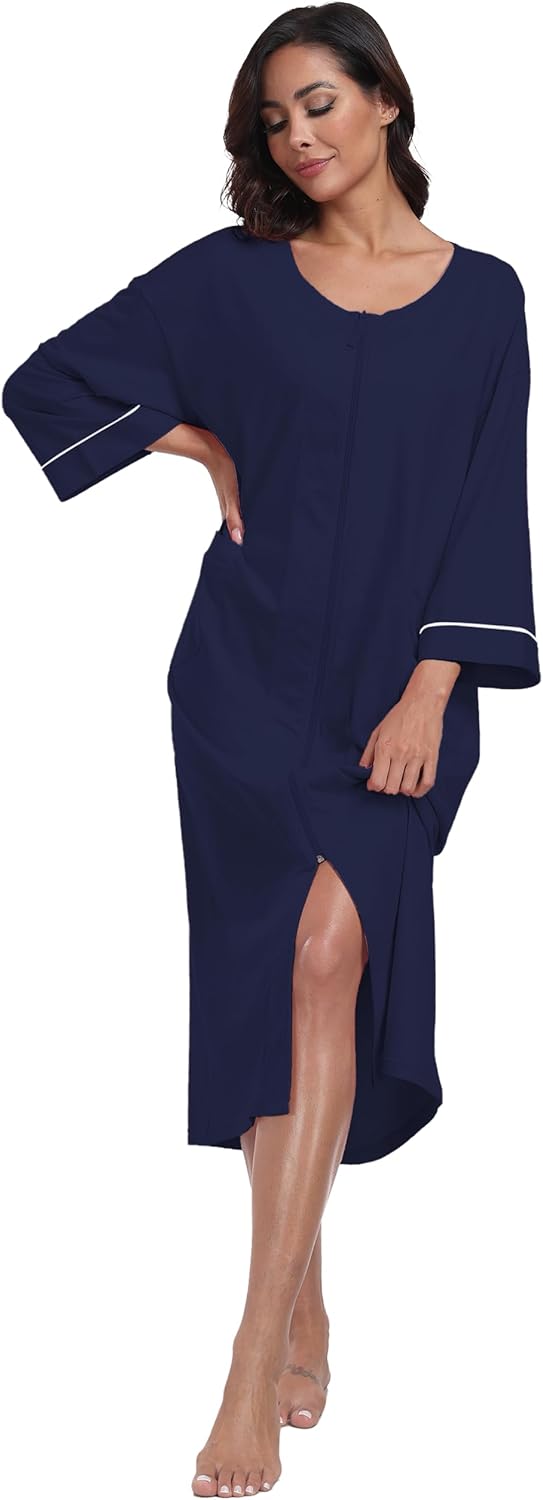 ANLIQI Women's 100% Cotton Robes Long Zipper Front House coats 3/4 Sleeve Bathrobes Lightweight Full Length Robe with Pockets