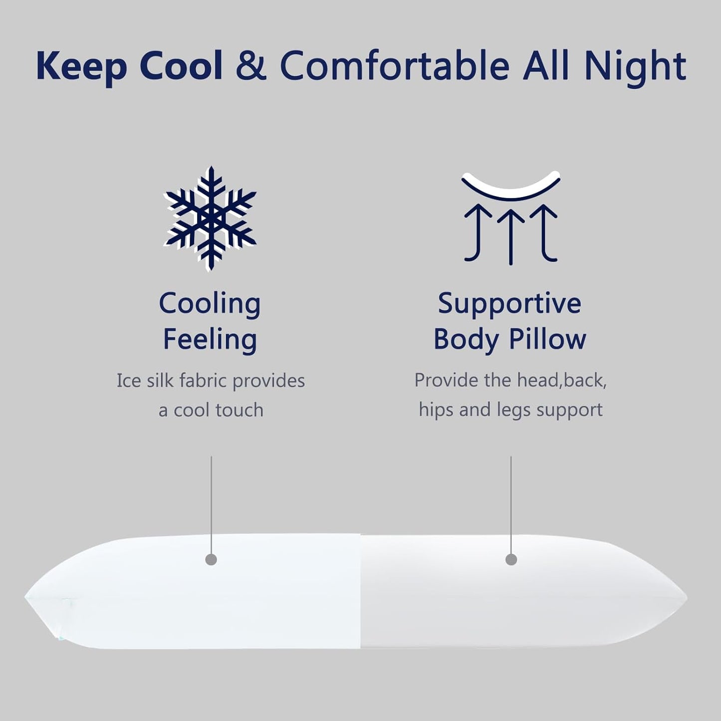 DOWNCOOL Large Body Pillow Insert with Cooling Cover - Soft Long Bed Pillow for Summer - Breathable Full Body Pillow for Adults - 20x54 inch (White, with Cover)