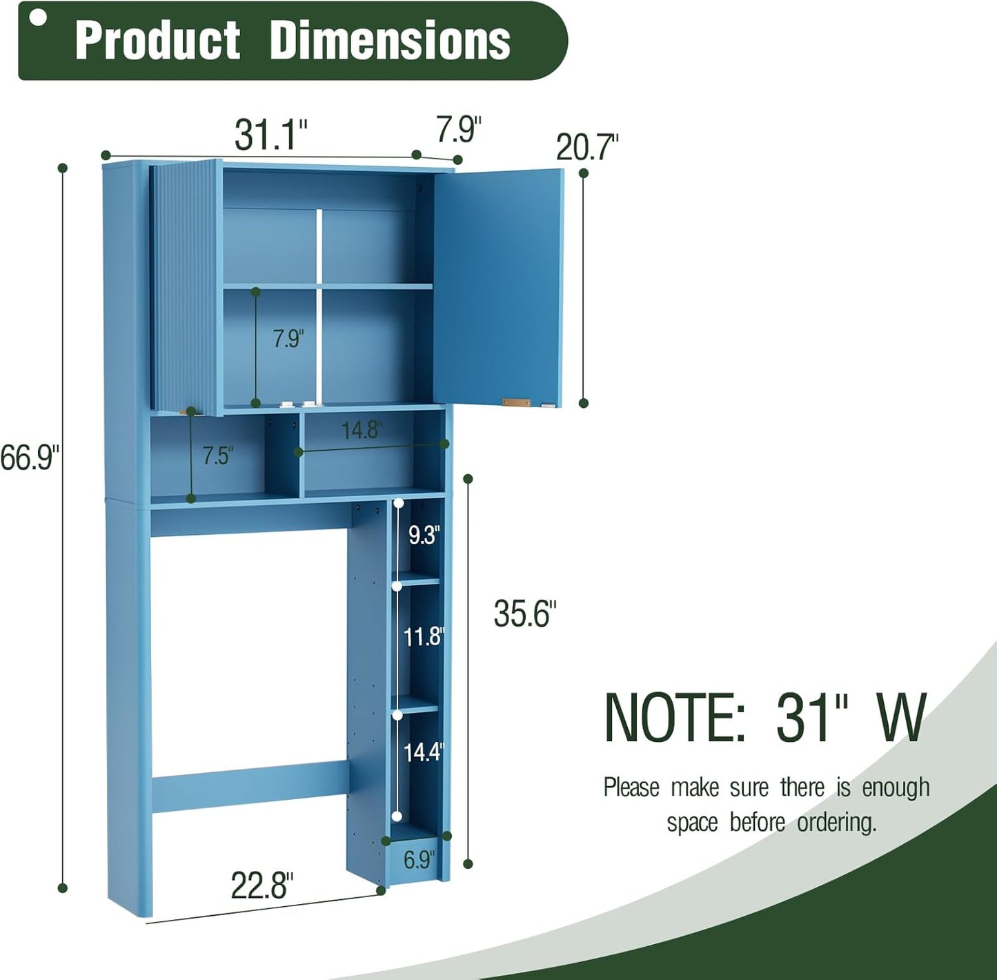 31" W Over The Toilet Storage Cabinet with Fluted Door, Blue Bathroom Organizer with Adjustable Shelf, Toilet Paper Holder Stand Wave Door for Restroom, Laundry Room