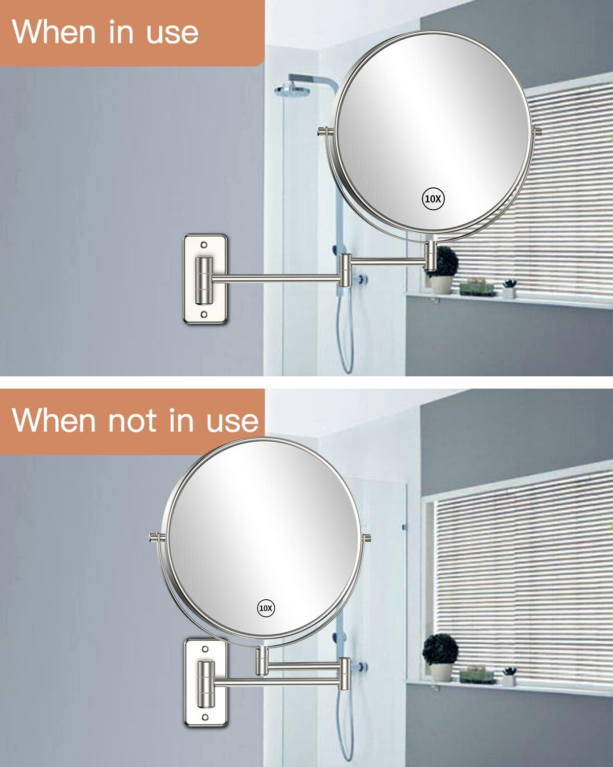Benbilry 9" Large Size Wall Mounted Makeup Vanity Mirror, 1X/10X Magnifying Double Sided Shaving Mirror for Bathroom, 360° Swivel Extendable Arm, Nickel Finish